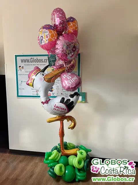 Decoración de bienvenida con globos de cigüeña para madre y bebé recién nacida Luciana.