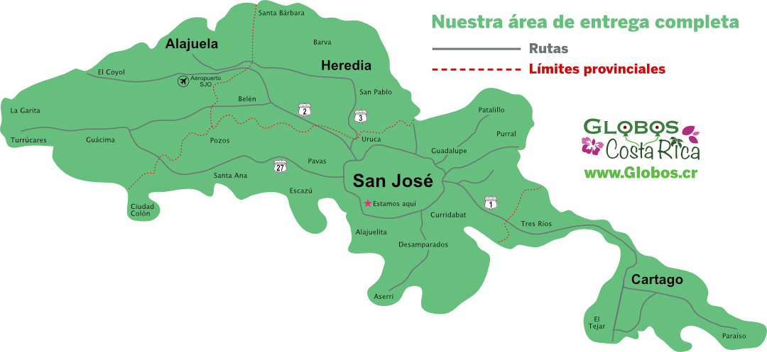 Mapa de cobertura de entrega de Globos Costa Rica mostrando rutas en San José, Heredia, Alajuela y Cartago.